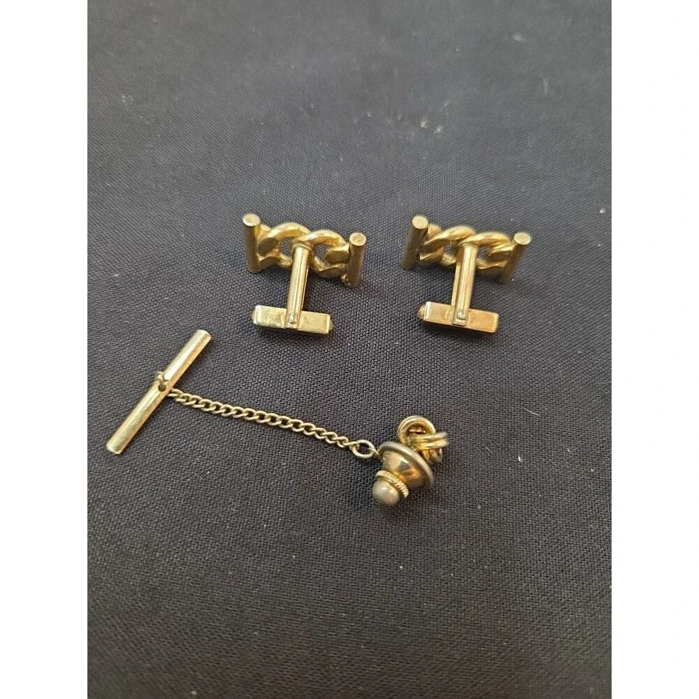 Vintage Ansen Cufflinks With Tie Chain Goldtone